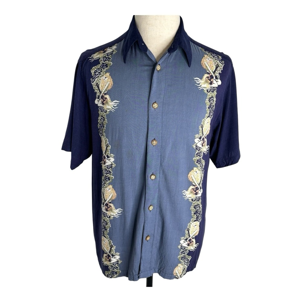 Hawaiian‎ Guitar Hula Girl Button Down Multicolor Shirt Size Medium